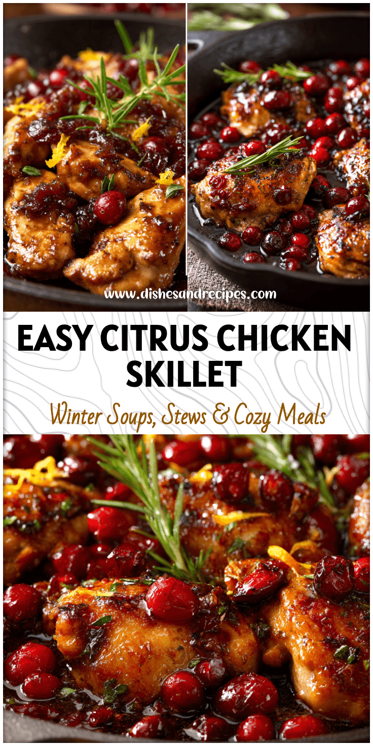 Close-up of juicy Chicken Cranberry skillet with orange zest and glossy cranberry glaze.